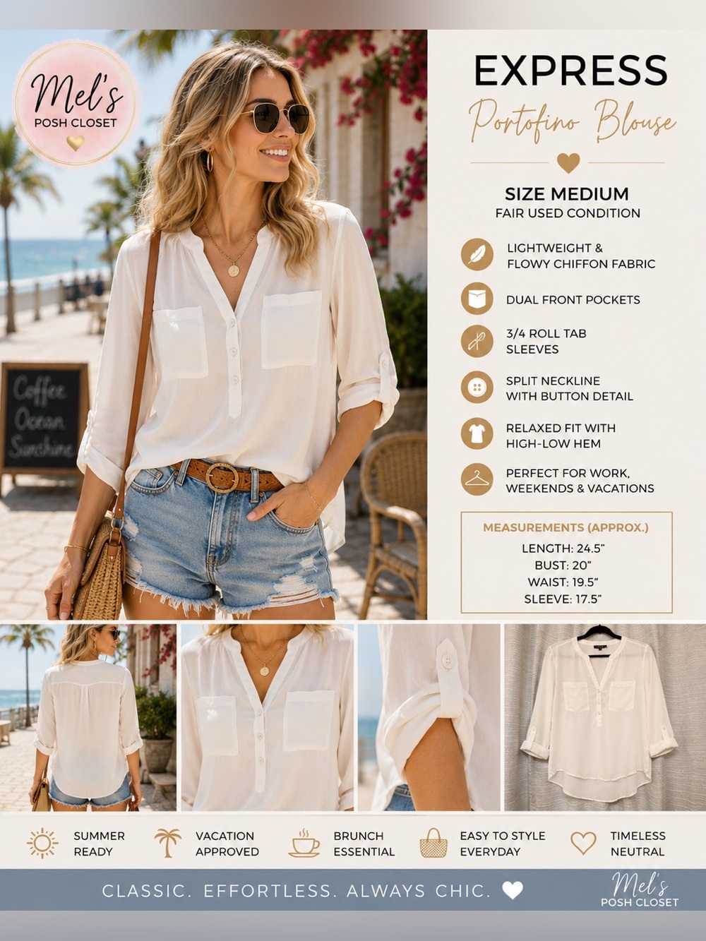 Express Portofino Off White Chiffon Blouse Medium